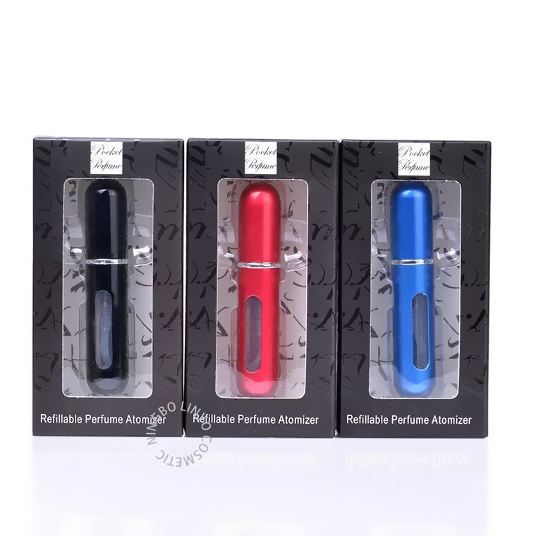 LINYO Portable 5ml Small Mini Travel Aluminium Refillable Perfume Atomizer Spray Bottle With Color Packing Box