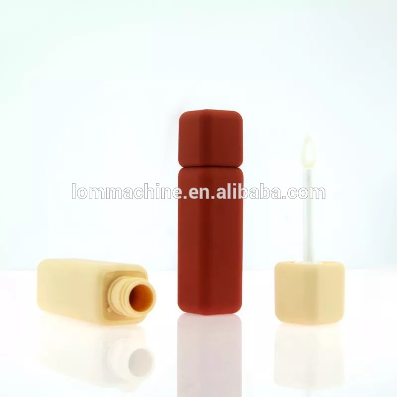LOM-A02 Empty 5ml rubber square lip gloss liquid lipstick tubes with metallic pink lid transparent bottle with brush