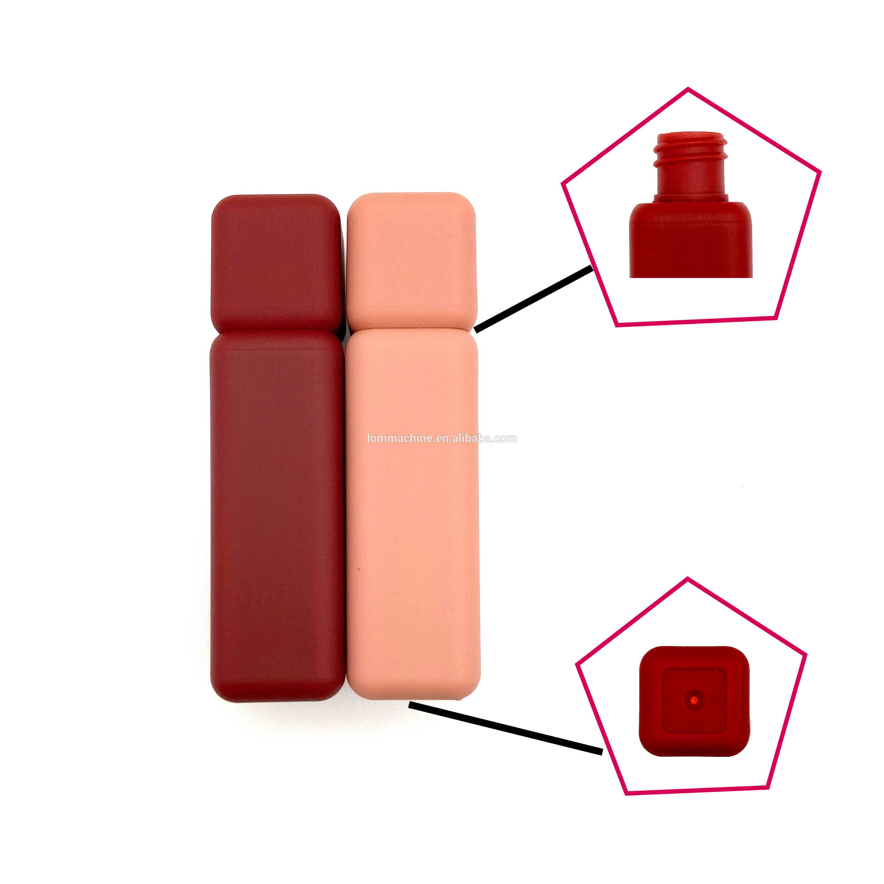 LOM-A02 Empty 5ml rubber square lip gloss liquid lipstick tubes with metallic pink lid transparent bottle with brush