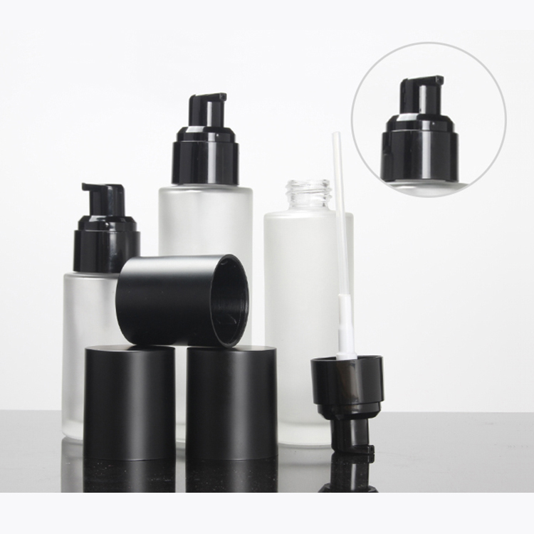 LOW MOQ Matt Black Cap Frosted Glass Bottle With Serum Pump Sprayer