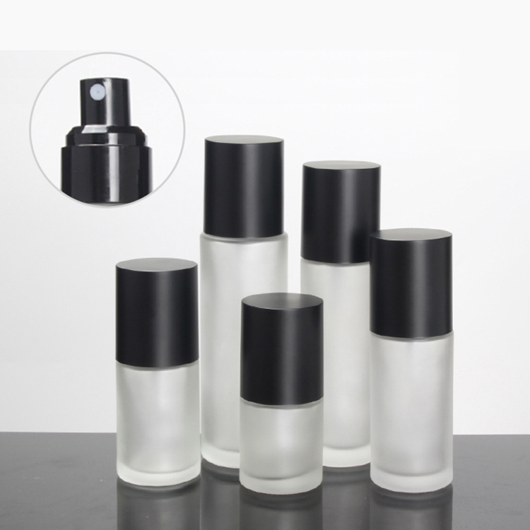 LOW MOQ Matt Black Cap Frosted Glass Bottle With Serum Pump Sprayer