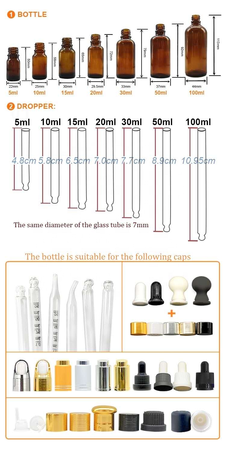 Label Custom Clear Round Glass Hair Oil Essential Oil Dropper Bottle Serum Bottle 5ml 10ml 30ml 50ml 100ml