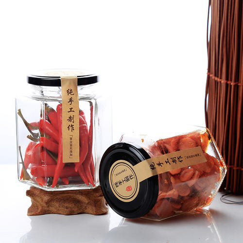 Label customized 380ml hexagon shape glass jars honey bottles