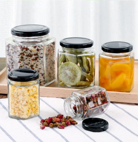 Label customized 380ml hexagon shape glass jars honey bottles