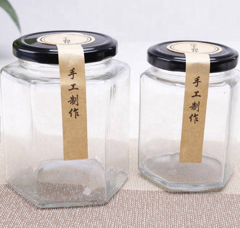 Label customized 380ml hexagon shape glass jars honey bottles
