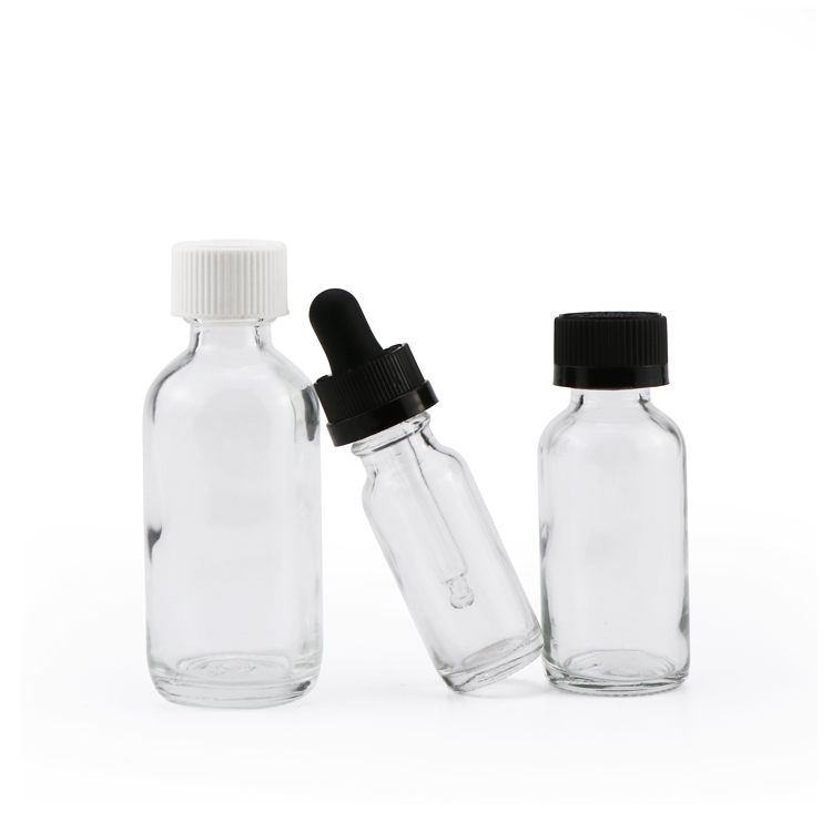 Label printing 15ml 30ml 60ml 1oz 2oz clear empty flint boston round dropper glass bottle for essential oil