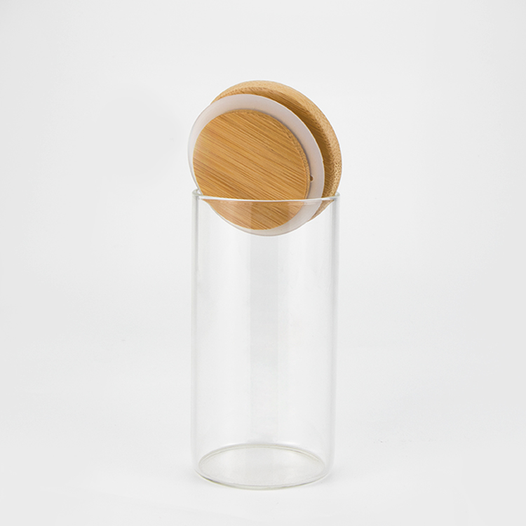 Large 1oz 2oz 3oz 4oz 8oz cylindrical wide mouth empty clear bamboo wooden top lids spice food storage glass jars
