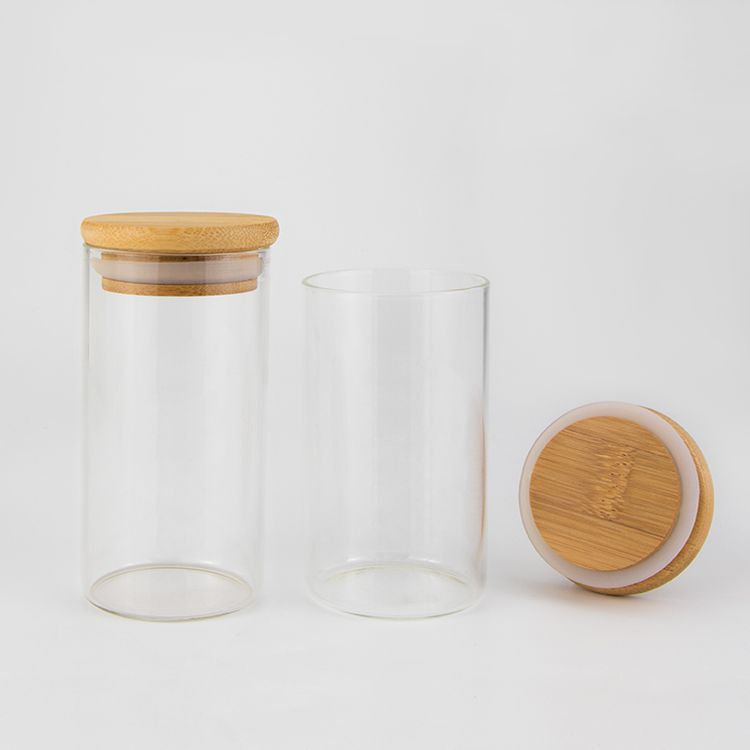 Large 1oz 2oz 3oz 4oz 8oz cylindrical wide mouth empty clear bamboo wooden top lids spice food storage glass jars