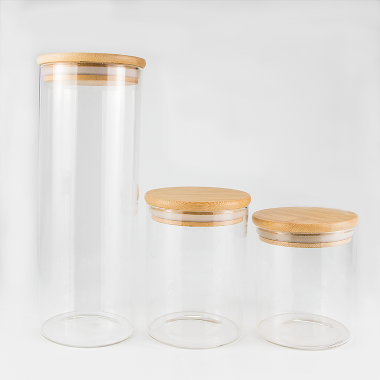 Large 1oz 2oz 3oz 4oz 8oz cylindrical wide mouth empty clear bamboo wooden top lids spice food storage glass jars