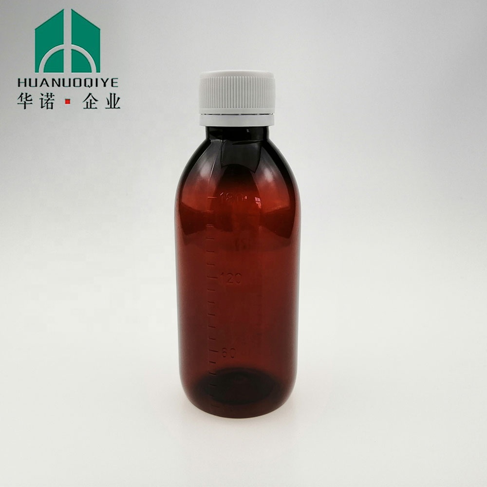 Large Capacity 180ml Brown Round Plastic Syrup Pharmaceutical Bottles With Measuring Cups