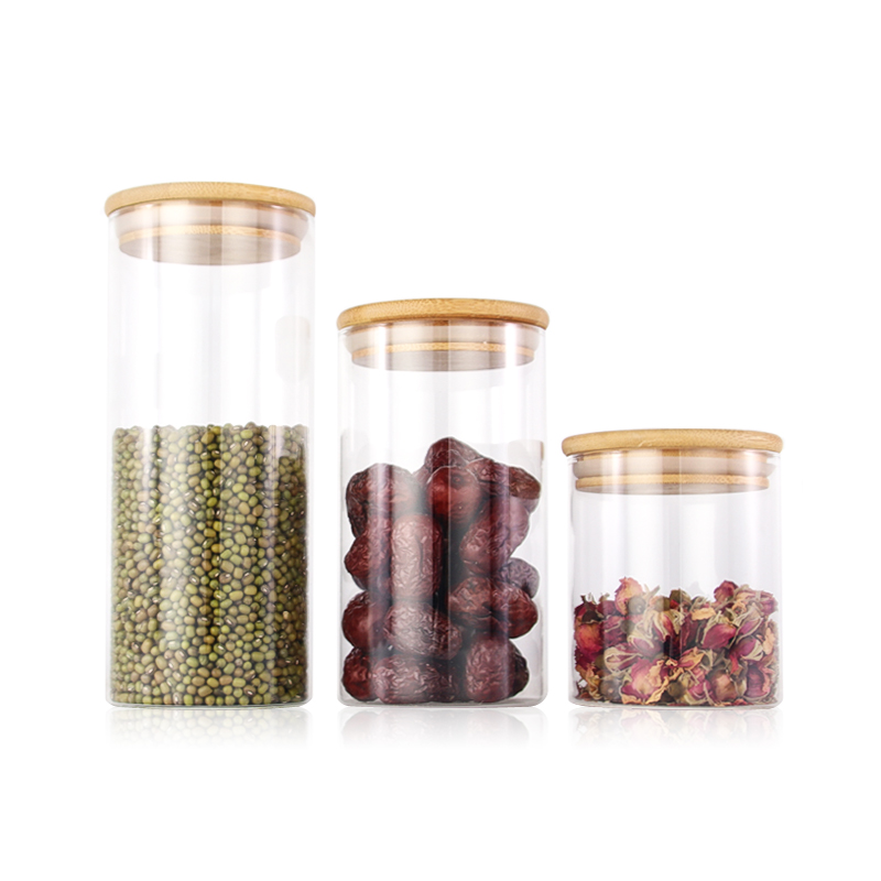 Large airtight glass storage jar with wooden lid for food wholesale