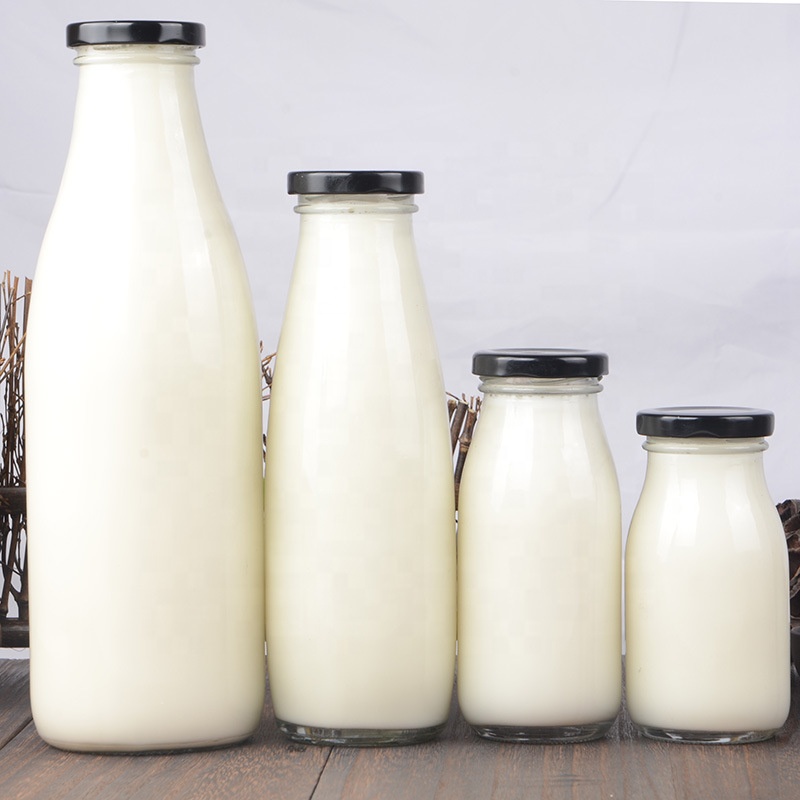 Large capacity 250ml 500ml coconut milk drink bottle 1 liter yogurt drinking glass milk bottle with metal lids