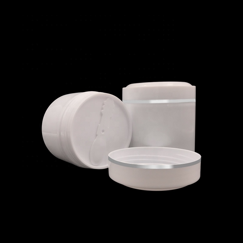 Large capacity face cream container 400ml 450ml 500ml 600ml 1000ml silver edge white PP plastic jars with spoons