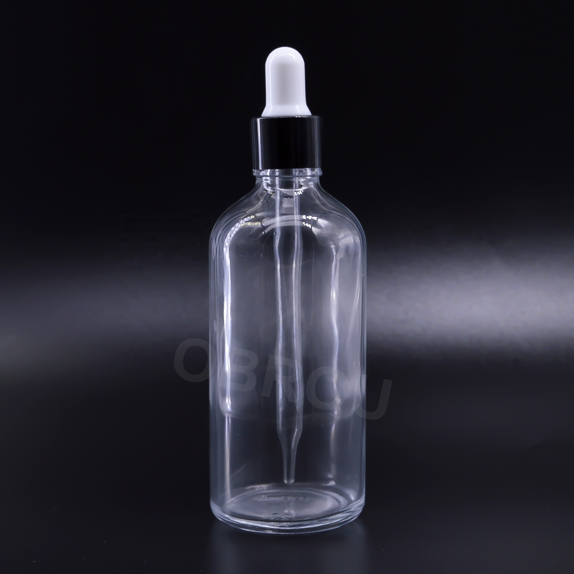 Large stock clear 100ml hot stamping printing essential oil glass dropper bottle with black aluminum cap