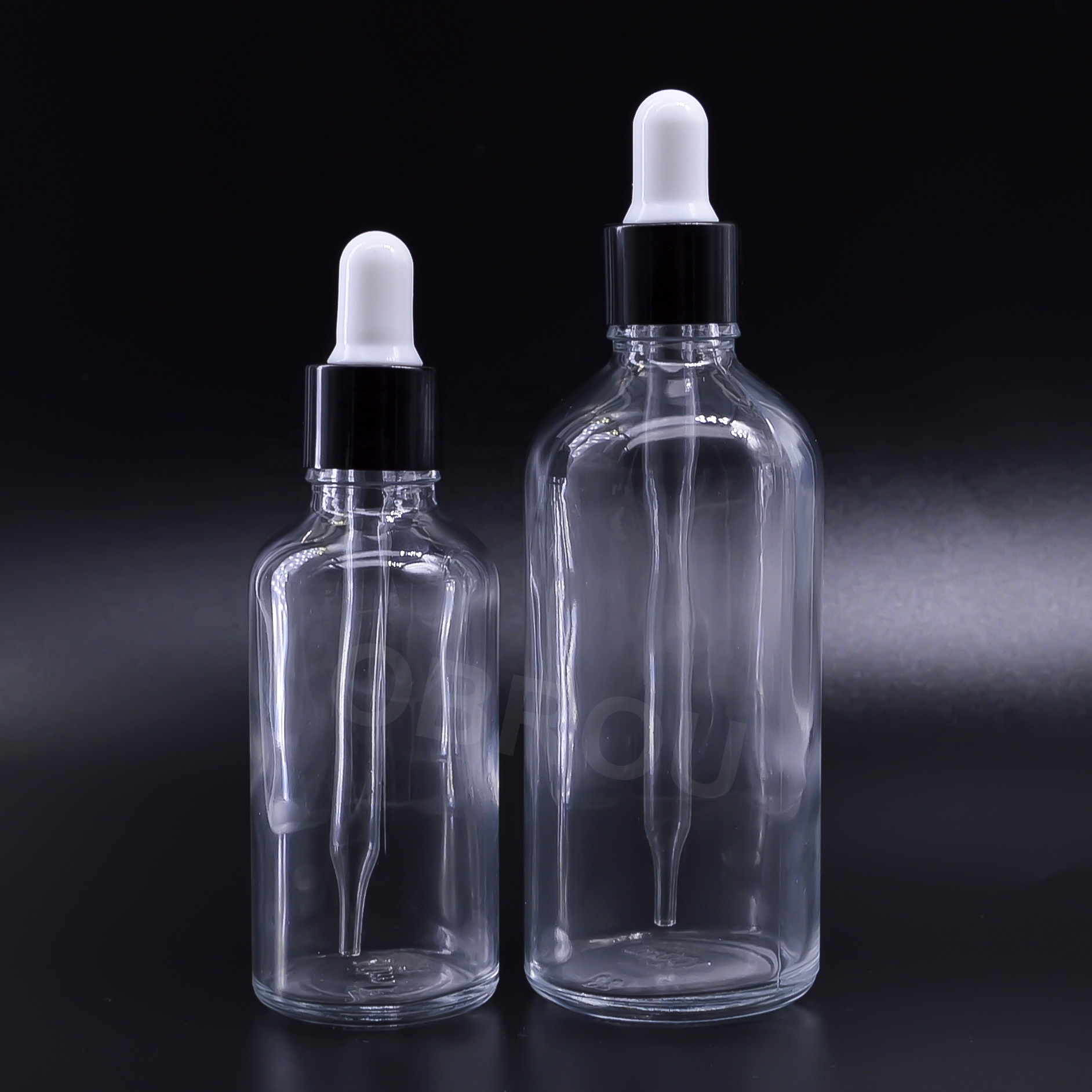 Large stock clear 100ml hot stamping printing essential oil glass dropper bottle with black aluminum cap