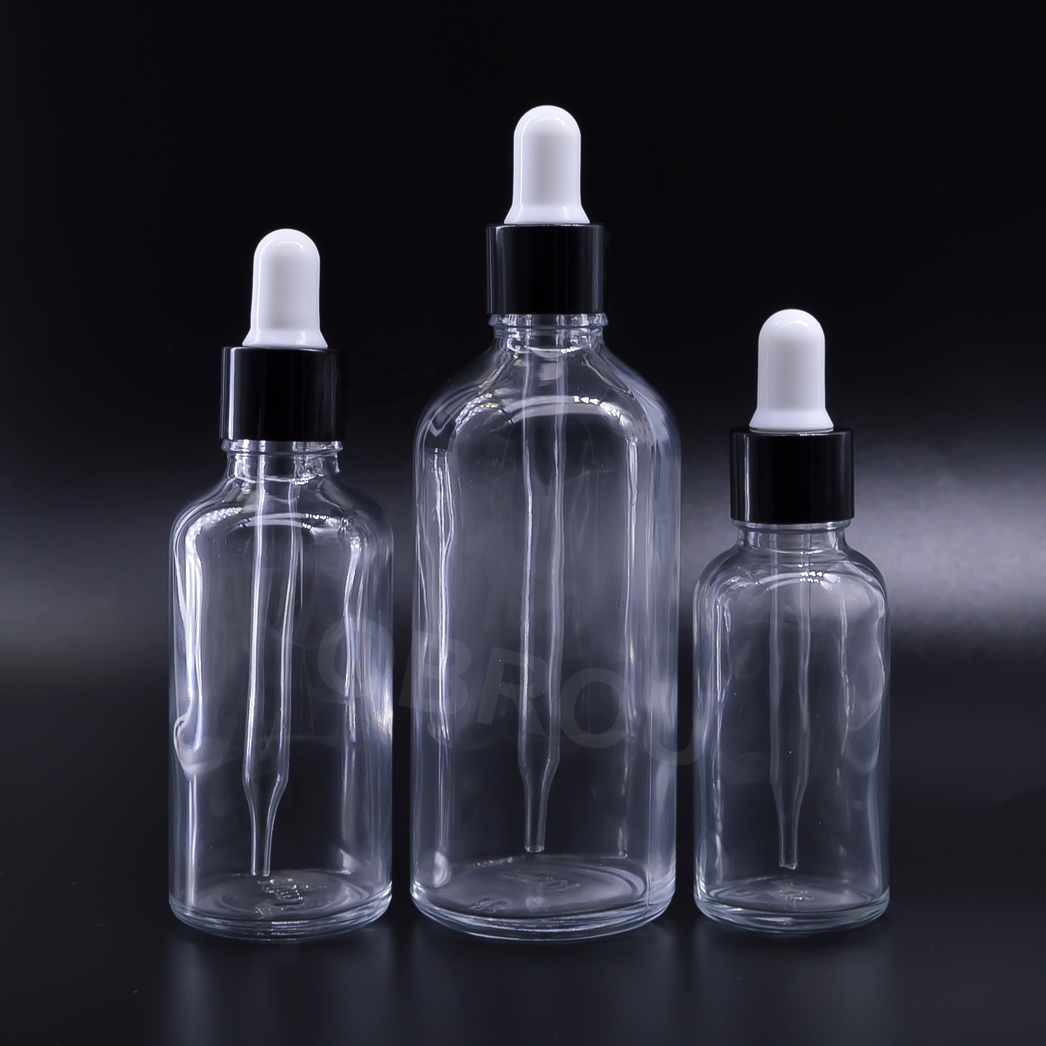 Large stock clear 100ml hot stamping printing essential oil glass dropper bottle with black aluminum cap