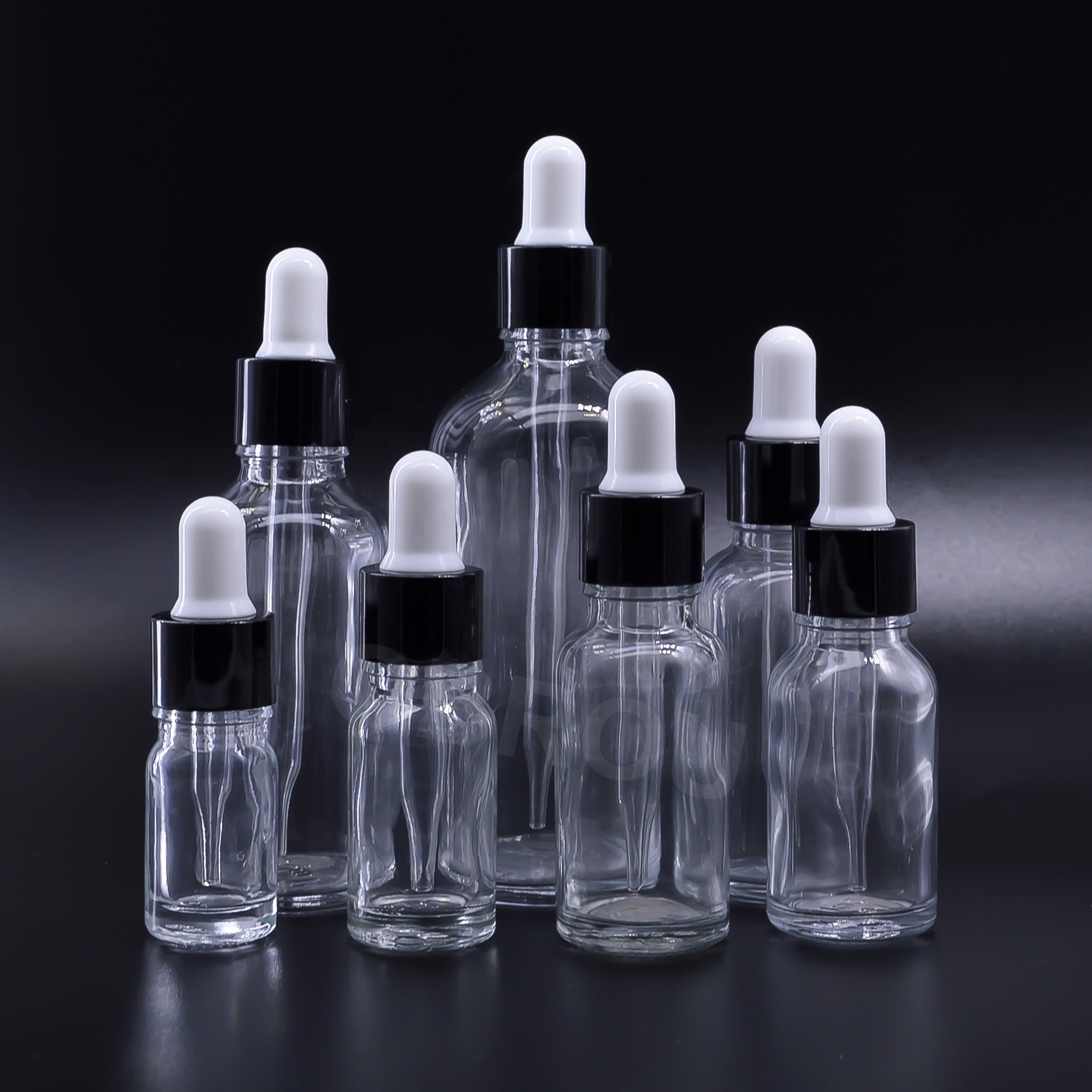 Large stock clear 100ml hot stamping printing essential oil glass dropper bottle with black aluminum cap