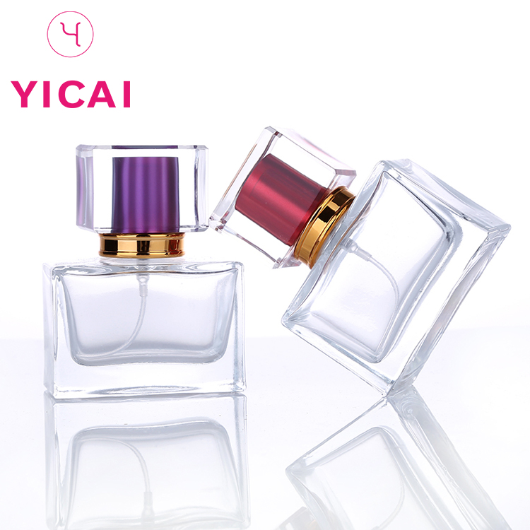 Latest Design Transparent 30ml Square Aluminum Cap Luxury Glass Perfume Spray Bottle