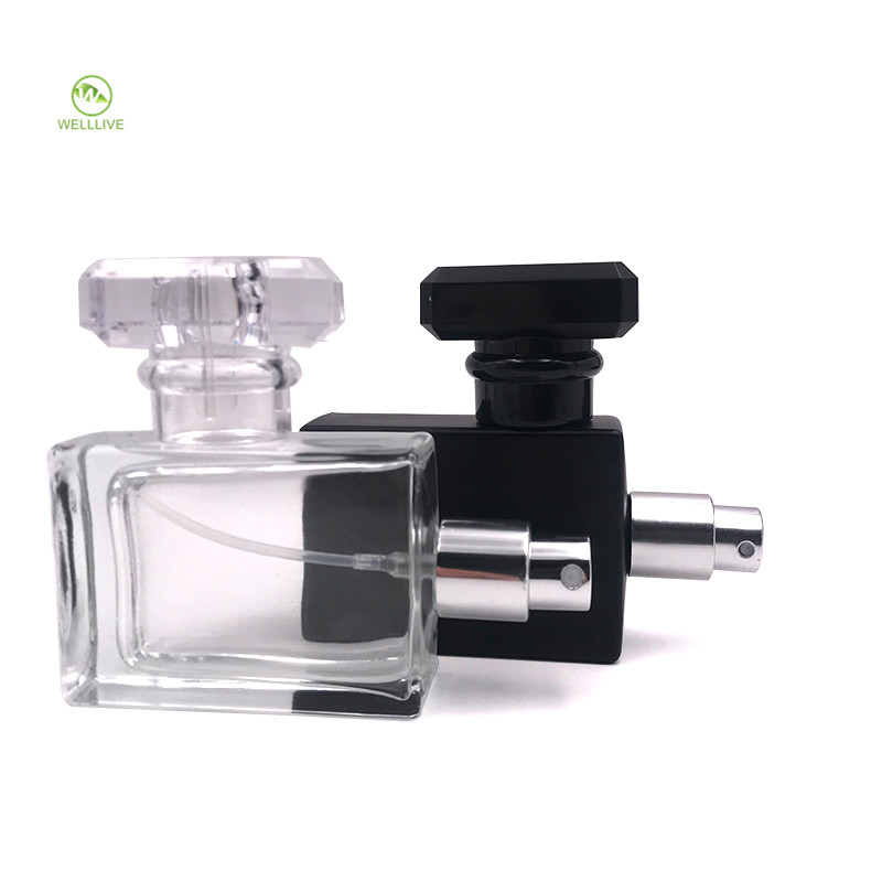 Leakproof safety screw twist lid 1oz transparent 30ml square matte black glass spray bottle for perfume