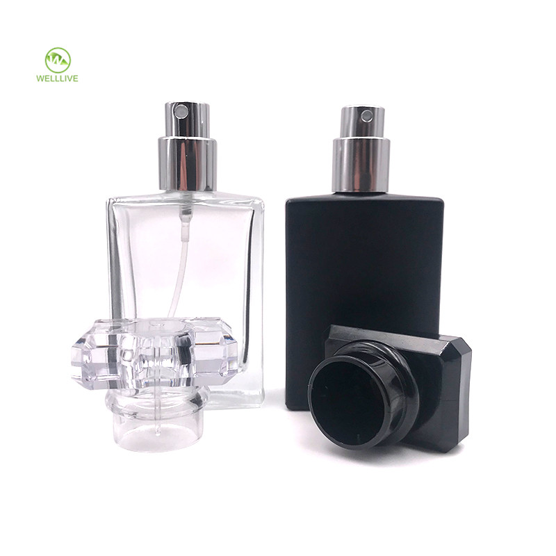Leakproof safety screw twist lid 1oz transparent 30ml square matte black glass spray bottle for perfume