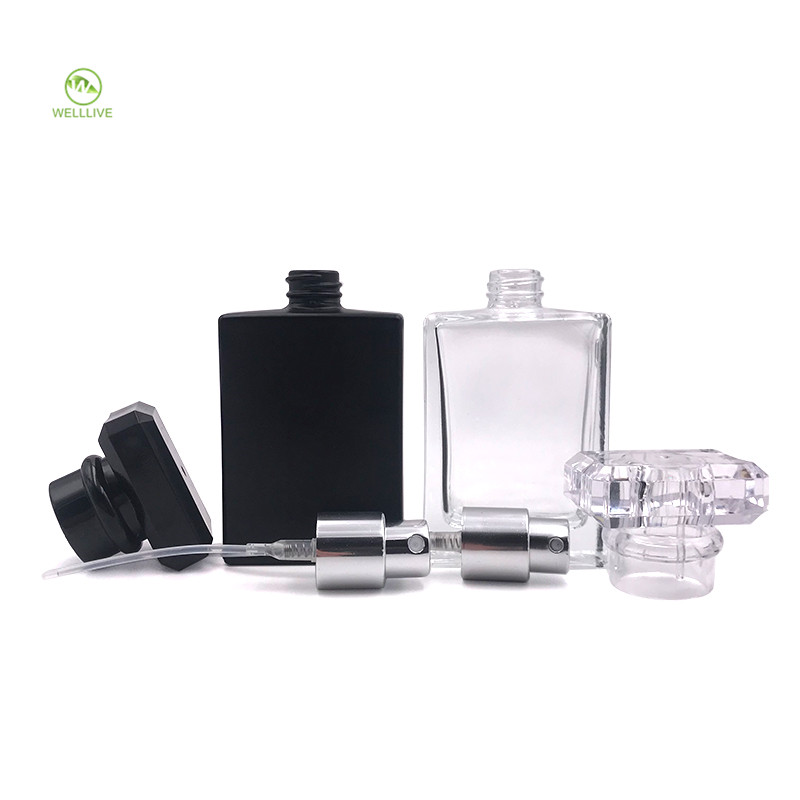 Leakproof safety screw twist lid 1oz transparent 30ml square matte black glass spray bottle for perfume
