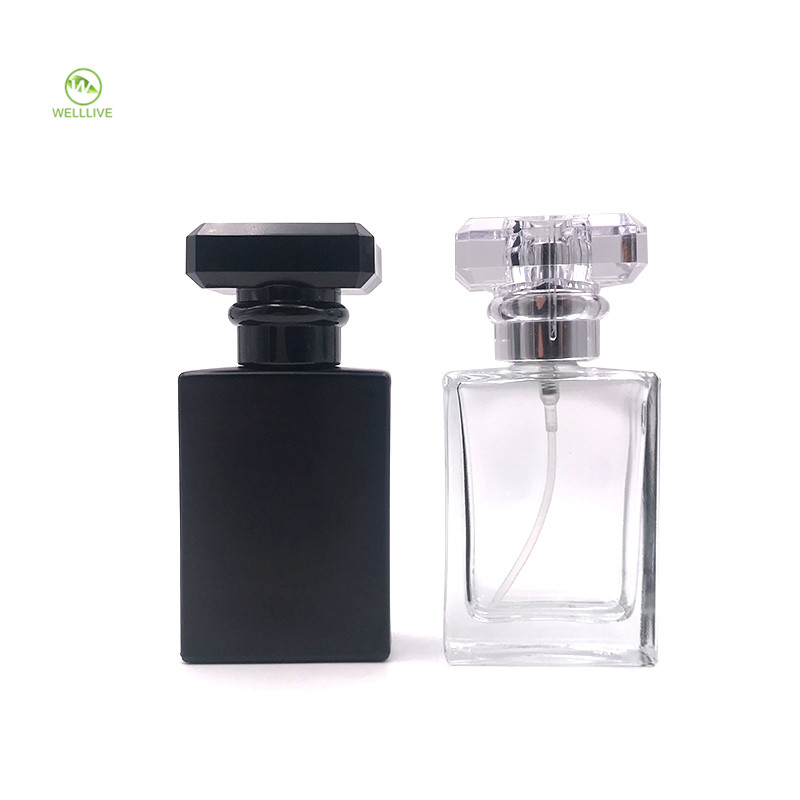 Leakproof safety screw twist lid 1oz transparent 30ml square matte black glass spray bottle for perfume