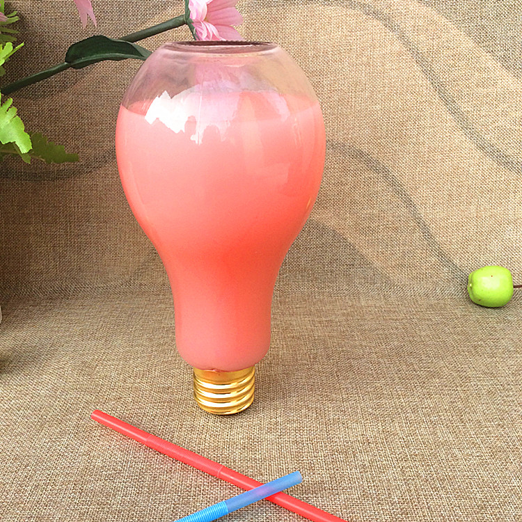 Light bulb bottle glass with screw cap and straw for milk, juice, soft drink bottle