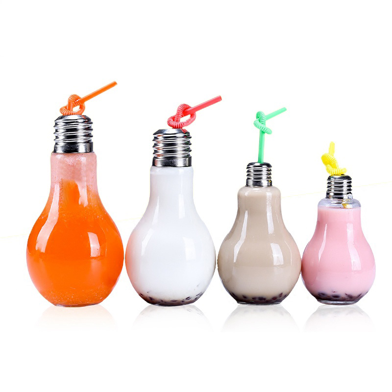 Light bulb bottle glass with screw cap and straw for milk, juice, soft drink bottle