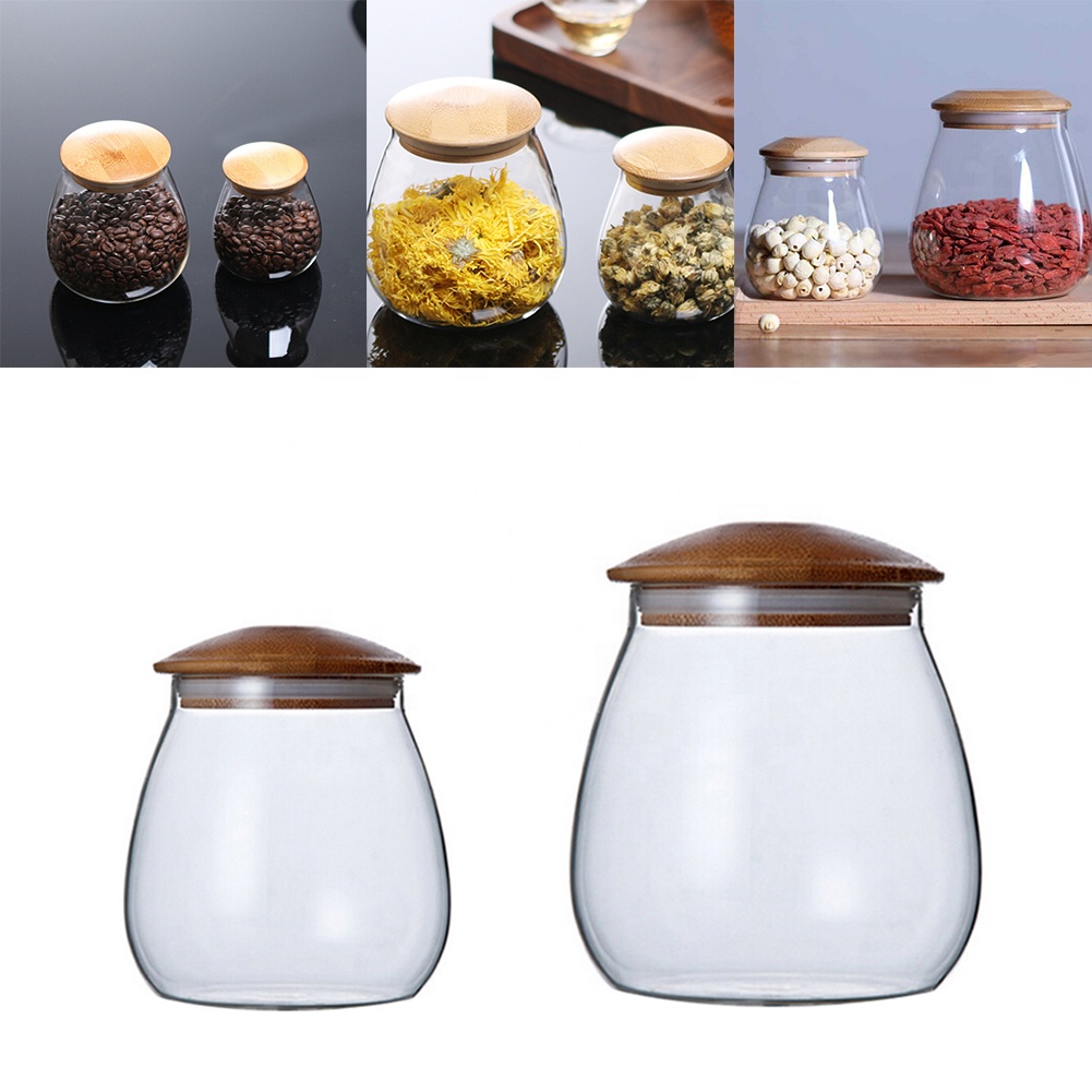Light weight 450ml 800ml sealed airtight glass food jar with mushroom bamboo lid