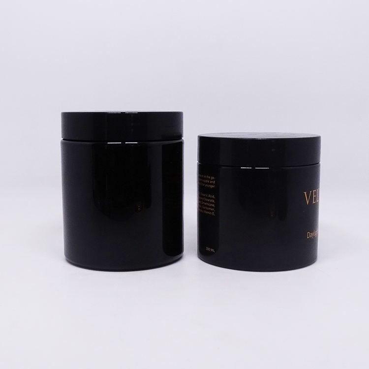 Logo printed cosmetic packaging black empty pet jar 200 ml with black cap