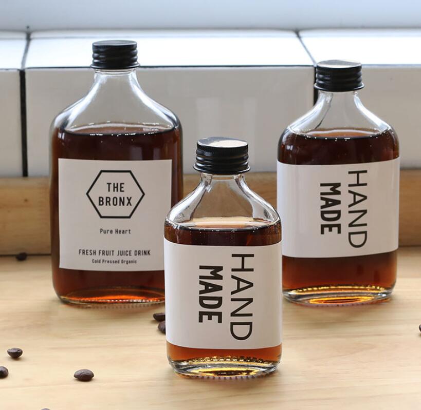 Logo printing 100ml 200ml 250ml 350ml Flat pocket Coffee Juice Glass Bottle Milk Cold Brew Bottles With Aluminium Cap Wholesale