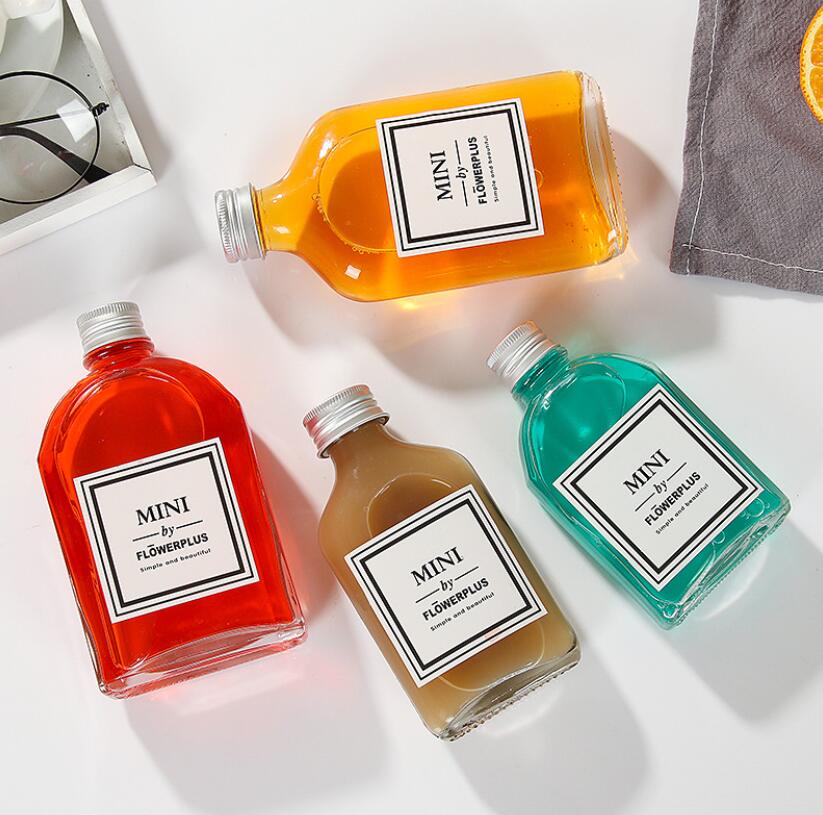 Logo printing 100ml 200ml 250ml 350ml Flat pocket Coffee Juice Glass Bottle Milk Cold Brew Bottles With Aluminium Cap Wholesale