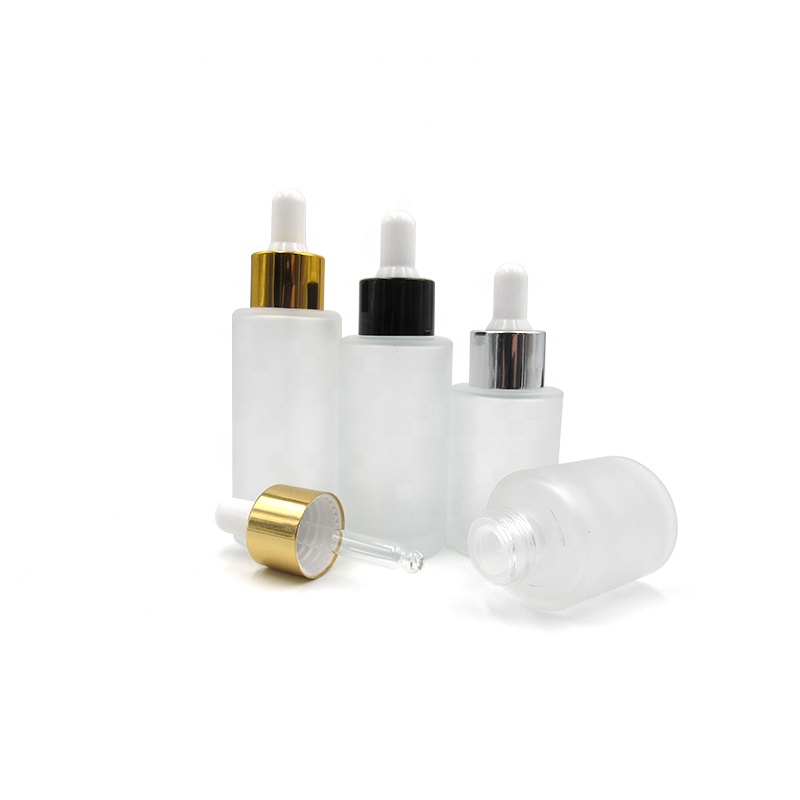 Logo printing 1oz 30ml flat shoulder frosted amber clear glass dropper bottle for perfume fragance attar oil