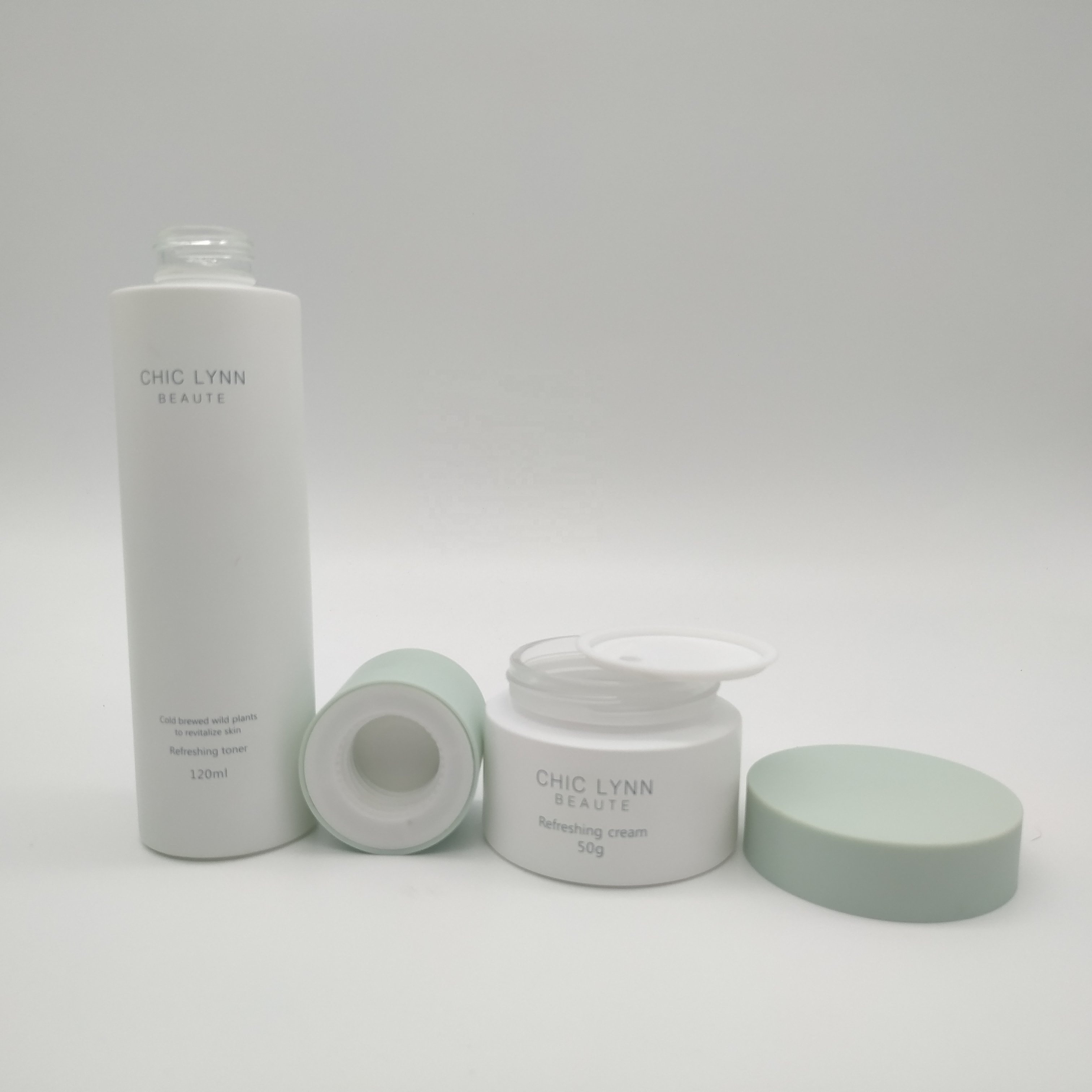 Lotion Bottle and Cream Jar Set Green Frost Glass Essential Oil Screw Cap 120ml 100ml Hot Selling Cosmetic