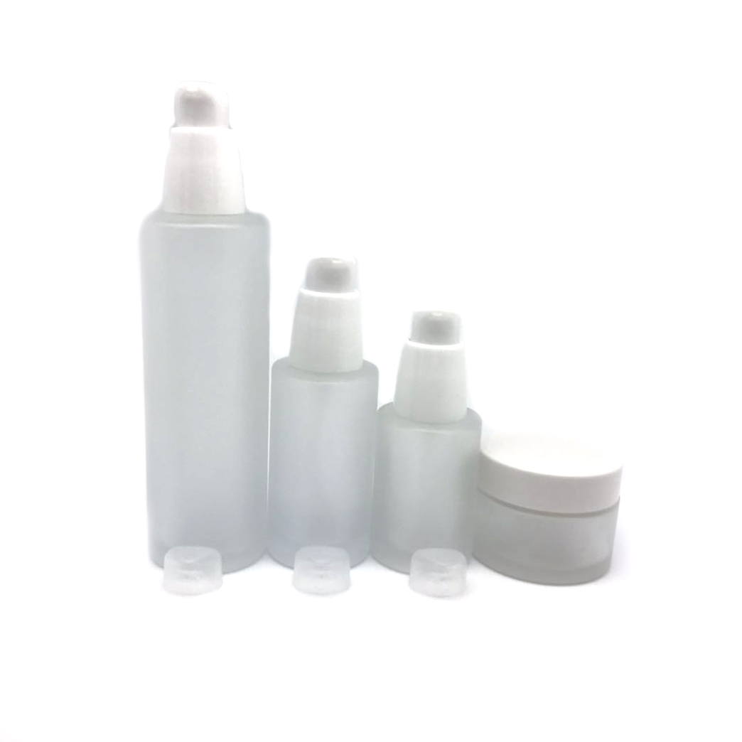 Lotion Bottles 30g Cosmetic Glass Jar in Frosted Bottle 30ml 50ml 100ml Glass with White Pump PUMP Sprayer Screen Printing