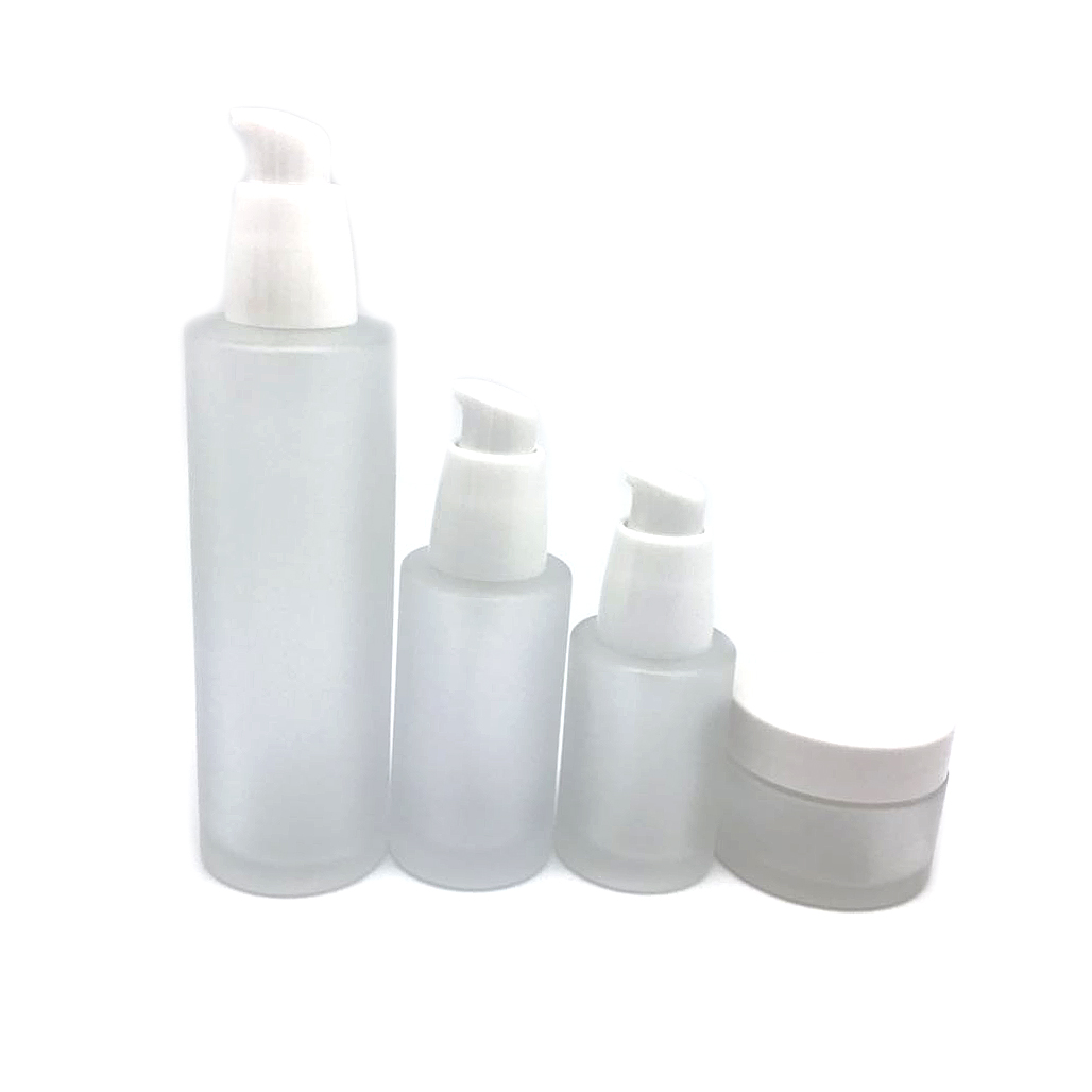 Lotion Bottles 30g Cosmetic Glass Jar in Frosted Bottle 30ml 50ml 100ml Glass with White Pump PUMP Sprayer Screen Printing