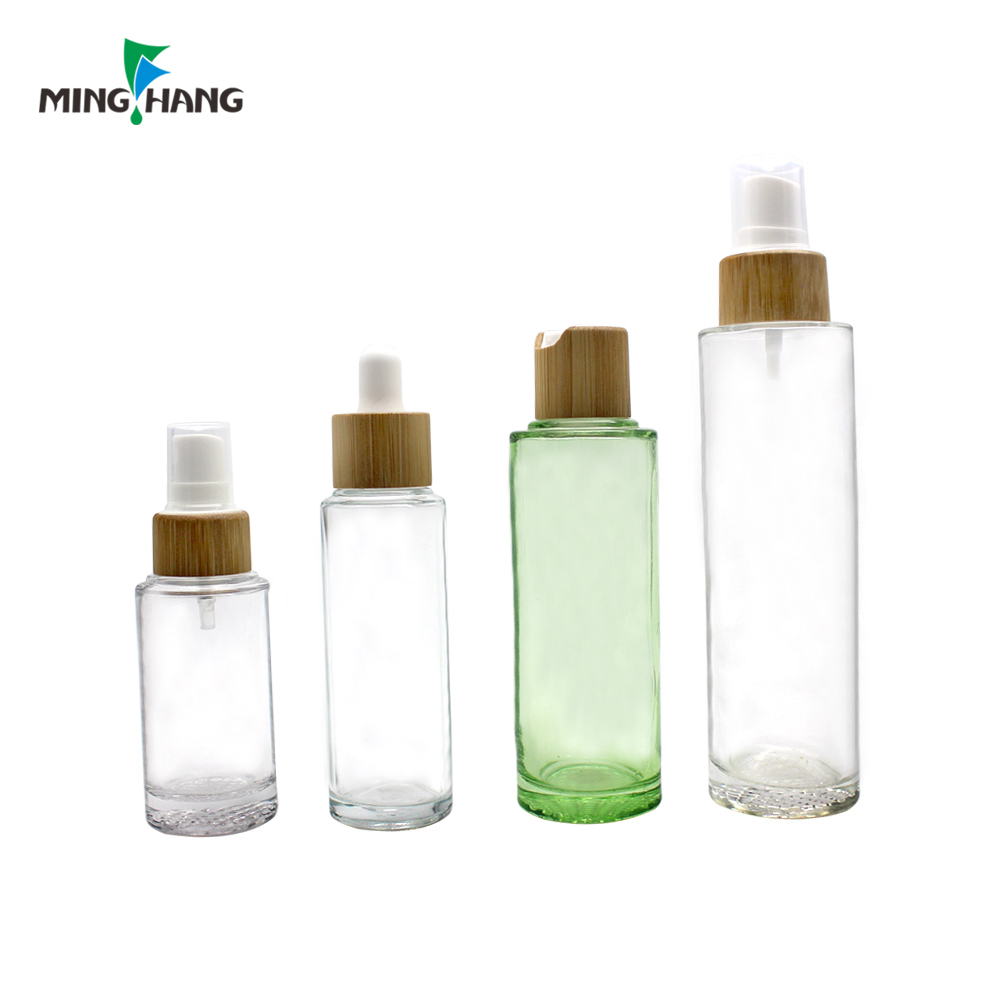 Lotion Serum Bottle 30ml 40ml 100ml Empty Glass with Pump and Bamboo Cap glass Skin Care Cream