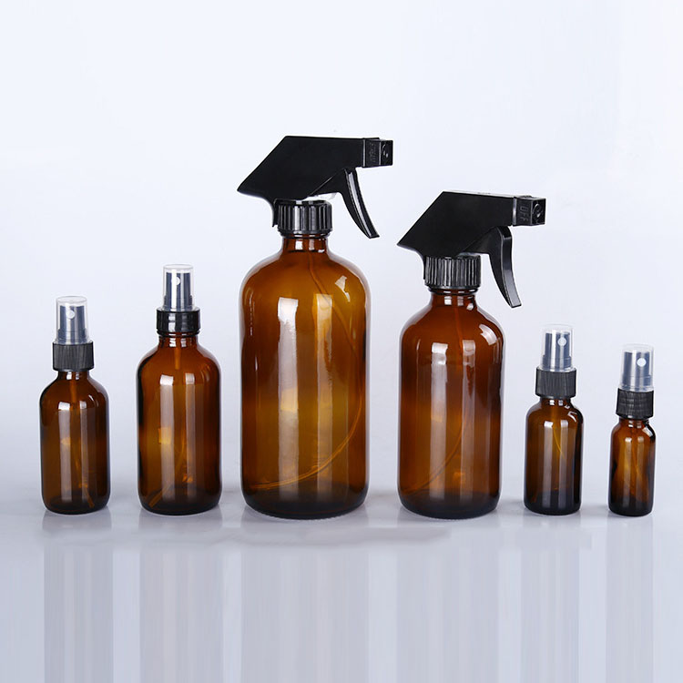 Lotion packaging 250ml 500ml Refillable Boston round amber 8oz 16oz glass bottle with black plastic pump lids