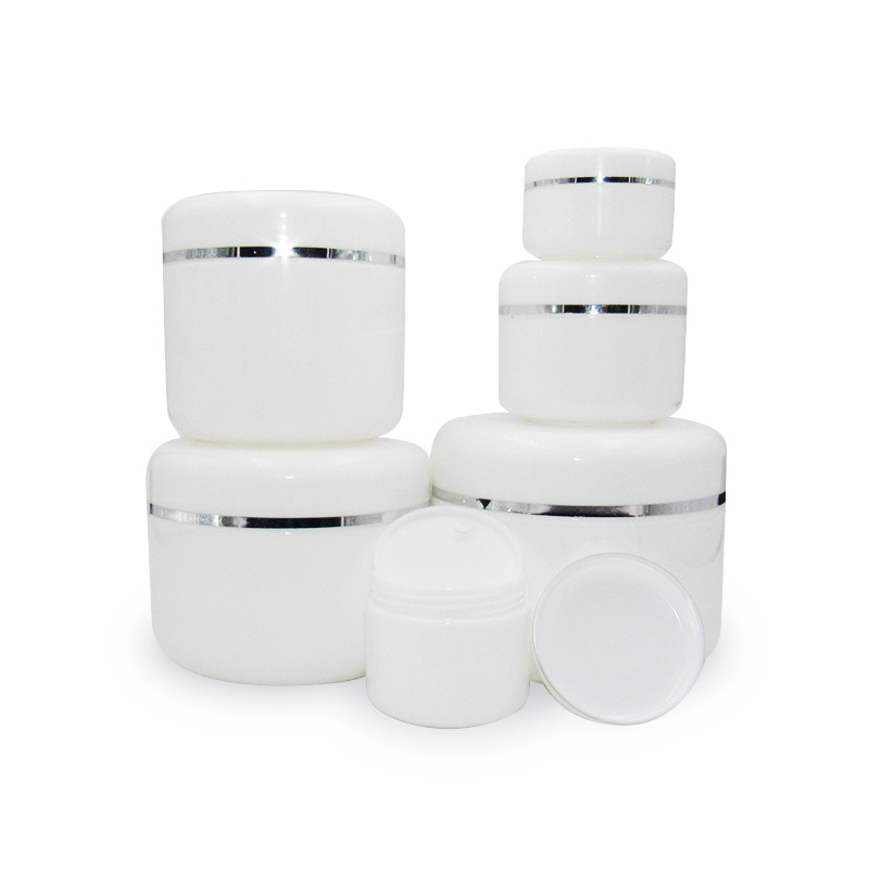Low MOQ 10g 20g 50g 100g 150g 200g 250g cosmetic cream container white PP plastic jar with silver edge lid