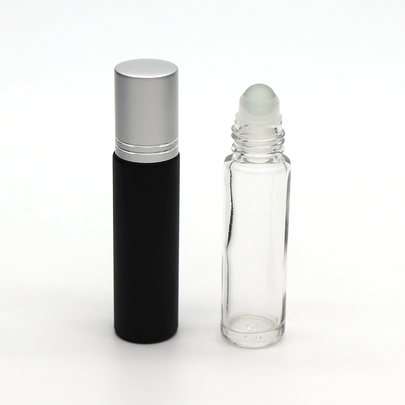 Low MOQ 10ml Perfume Matte Black Clear Glass Roller essential Oil Bottles with lid