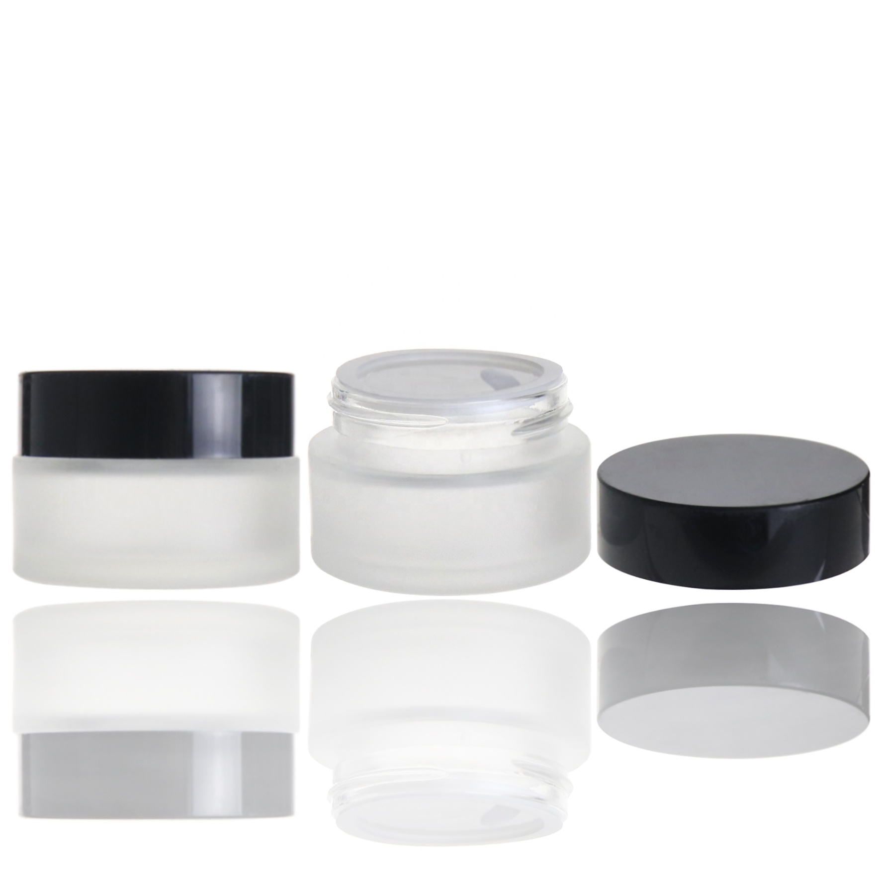 Low MOQ 15g glass cosmetic frosted jar with black lid