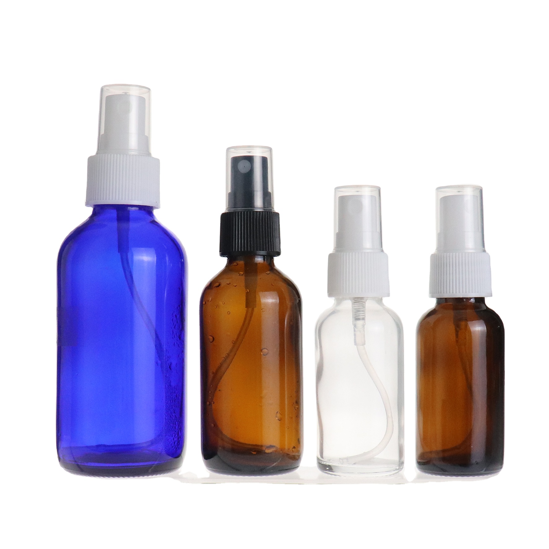 Low MOQ 1oz 30ml amber brown boston round glass spray bottle with black  fine mist sprayer