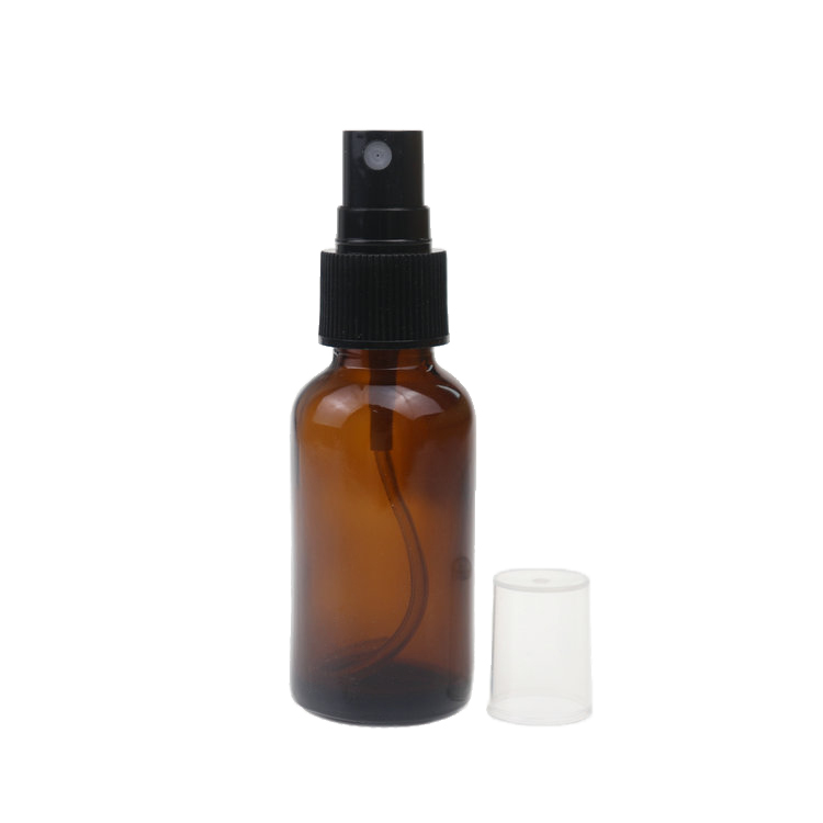 Low MOQ 1oz 30ml amber brown boston round glass spray bottle with black fine mist sprayer