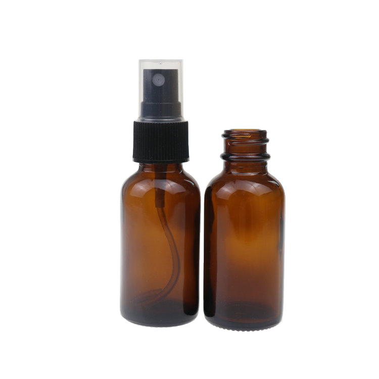 Low MOQ 1oz 30ml amber brown boston round glass spray bottle with black fine mist sprayer