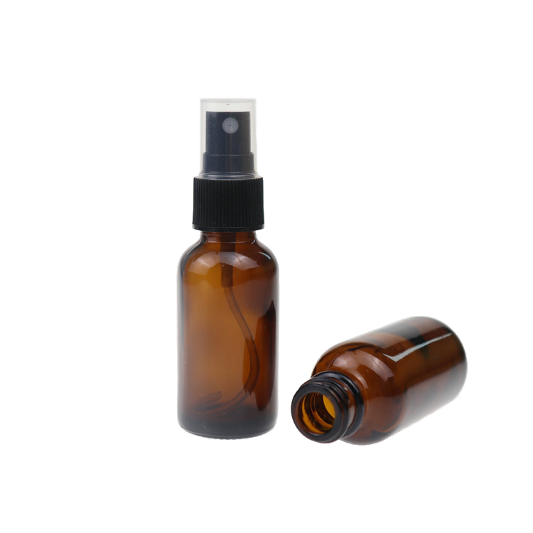 Low MOQ 1oz 30ml amber brown boston round glass spray bottle with black fine mist sprayer