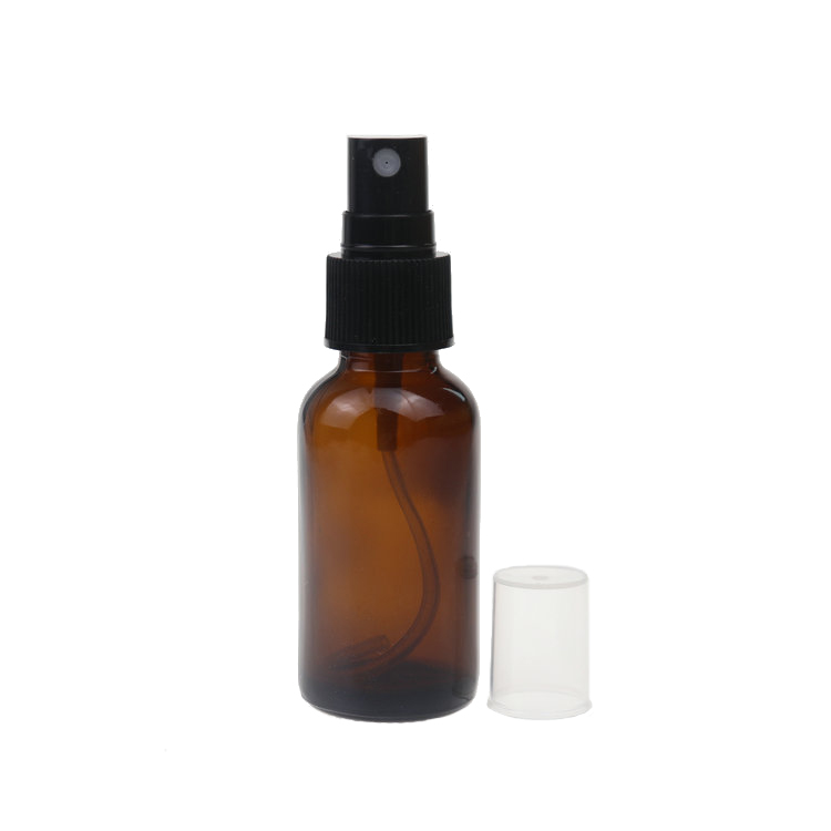 Low MOQ 1oz 30ml amber brown boston round glass spray bottle with black fine mist sprayer