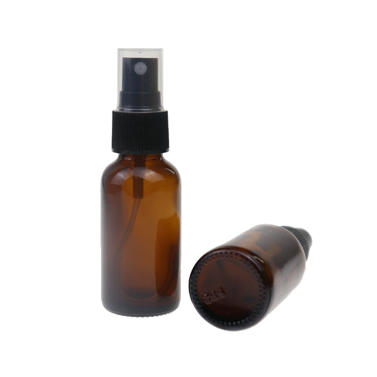 Low MOQ 1oz 30ml amber brown boston round glass spray bottle with black fine mist sprayer