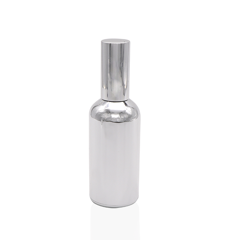 Low MOQ 30ml 50ml 100ml beautiful  Silver color glass bottles with spray and lotion pump