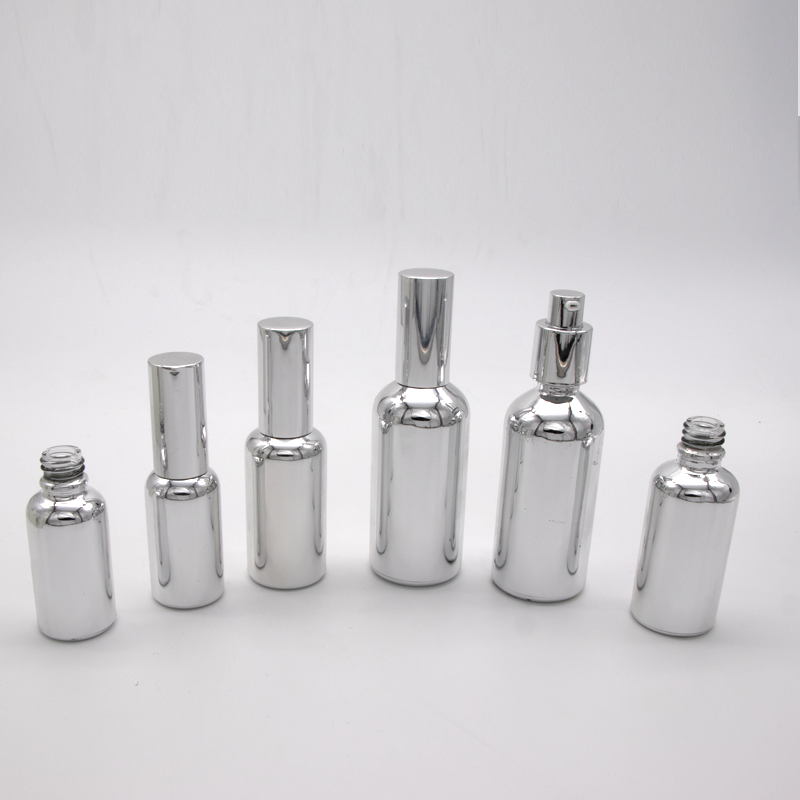 Low MOQ 30ml 50ml 100ml beautiful Silver color glass bottles with spray and lotion pump