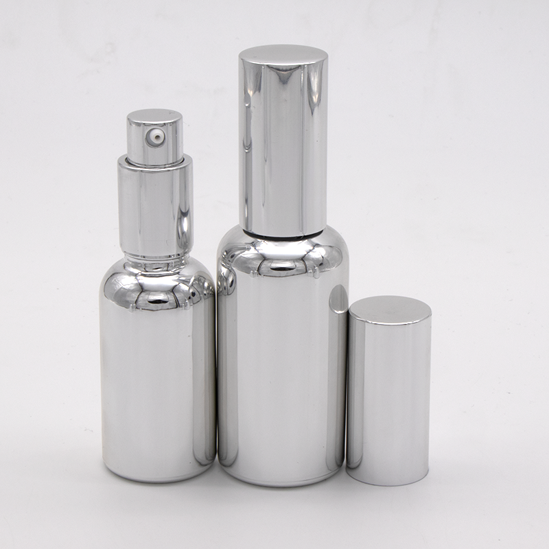 Low MOQ 30ml 50ml 100ml beautiful Silver color glass bottles with spray and lotion pump